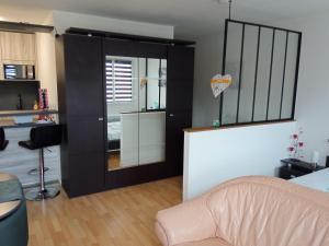 a living room with a large black cabinet at Charmant studio classé 3 étoiles au coeur de Niederbronn-les-Bains in Niederbronn-les-Bains