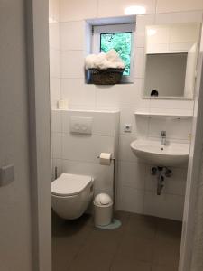un piccolo bagno con servizi igienici e lavandino di pension-seegarten a Norddeich