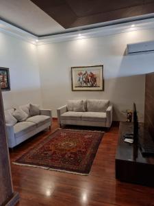 a living room with a couch and a rug at The Polo Residence, Lahore, Near Allama Iqbal International Airport (Apartment) in Lahore