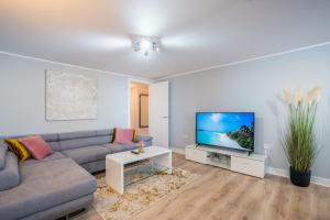 Charming Apartment In Andover Town Centre 55'' 4K Smart TV Netflix في أندوفر: غرفة معيشة مع أريكة وتلفزيون