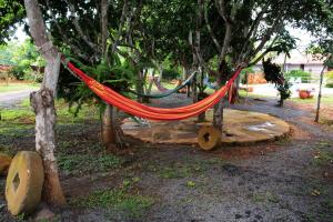 a hammock tied to a tree in a park at Hotel Hacienda Macedonia in Barichara