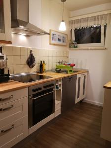 eine Küche mit Spüle und Herd in der Unterkunft Sonnige 60m² Ferienwohnung für 5 Personen in Bad Lauterberg + 12 Fotos