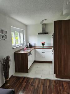 een keuken met een wastafel en een aanrecht bij Ferienwohnung Im Drosselnest in Hechingen