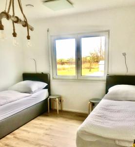 two beds in a room with two windows at Hostel Hof Kranichstein in Kluis