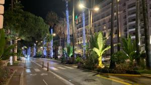 una calle vacía por la noche con palmeras y edificios en Village Croisette, en Cannes