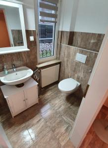 een badkamer met een wastafel, een toilet en een raam bij Pension am Silberberg in Gartz an der Oder