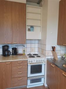 cocina con estufa blanca y armarios de madera en Двухкомнатные просторные апартаменты. en Imatra