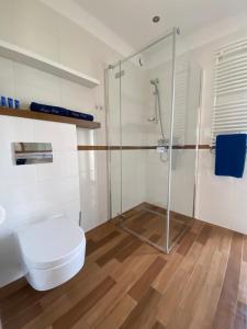 a bathroom with a toilet and a glass shower at Domki Poezja Ciszy in Dębki