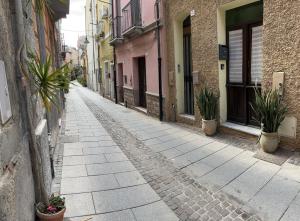 een steegje met potplanten aan de zijkant van een gebouw bij Casa Victoria in Cagliari