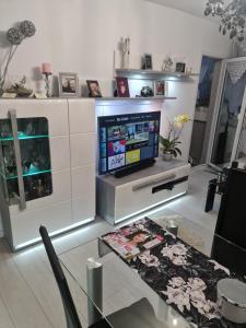 a living room with a tv and a table at Apartament przy Kopalni Złota in Złoty Stok