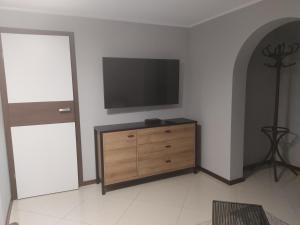 a living room with a tv and a wooden dresser at Apartament Jodłowy in Szczyrk