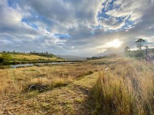 un campo de hierba con un río y un cielo nublado en Tegwaan Country Getaway, en Waterval Boven