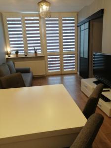 salon ze stołem, krzesłami i telewizorem w obiekcie Apartament w Centrum w Szczecinie