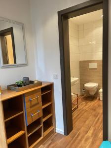 een badkamer met een wastafel, een toilet en een spiegel bij City-Apparte ONE - Auto-E-Ladestation in Gronau