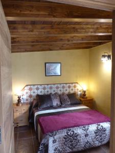 ein Schlafzimmer mit einem Bett in einem Zimmer mit Holzdecken in der Unterkunft Casa de la Abuela Pili in Colmenar de Oreja