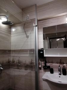 La salle de bains est pourvue d'une douche, d'un lavabo et d'un miroir. dans l'établissement Iris Vivo Mall, à Cluj-Napoca