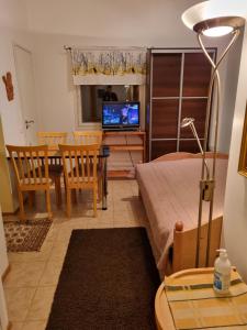 Apartment Oulu Varjakka في Oulunsalo: غرفة معيشة مع سرير وطاولة مع تلفزيون