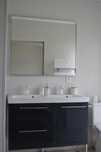 La salle de bains est pourvue d'un lavabo et d'un miroir. dans l'établissement Maison en bord de mer au Domaine du Bois Soret, à Notre-Dame-de-Monts
