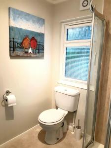 a bathroom with a toilet and a painting on the wall at Willow Lodge Auchterarder in Auchterarder