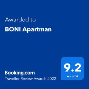 Certifikát, ocenenie alebo iný dokument vystavený v ubytovaní BONI Apartman