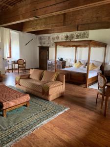uma sala de estar com uma cama e um sofá num quarto em Le château de Vuissens em Vuissens