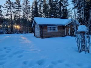 una cabaña de madera en la nieve con huellas en la nieve en PO's Stugby en Orsa