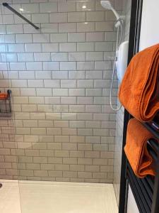 a bathroom with a shower with orange towels at Ruby’s Retreat in Belton