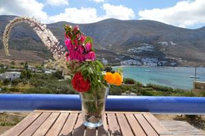 a vase filled with flowers sitting on a table at Amorgi Studios in Aegiali