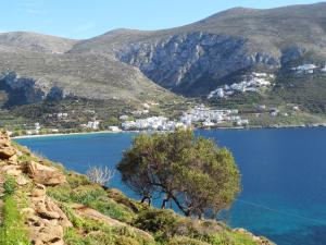 a view of a body of water with a mountain at Amorgi Studios in Aegiali