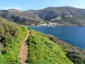 a path on a hill next to a body of water at Amorgi Studios in Aegiali