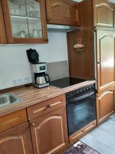 a kitchen with wooden cabinets and a stove top oven at Ferienwohnung Röbel/Müritz in Röbel