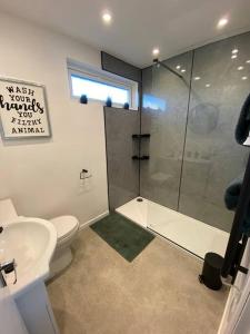 a bathroom with a shower and a toilet and a sink at Chester's Retreat in Belton