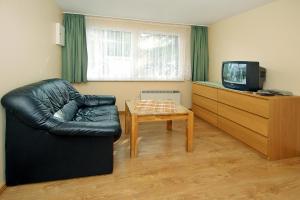 a living room with a black leather couch and a television at Holiday Village on the Vineyard, Dobbrikow in Dobbrikow