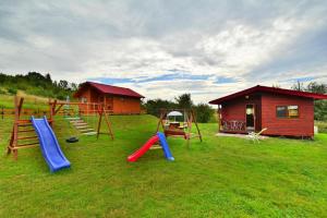 a group of playground equipment in a field with a house at Holiday homes, Rusinowo in Rusinowo