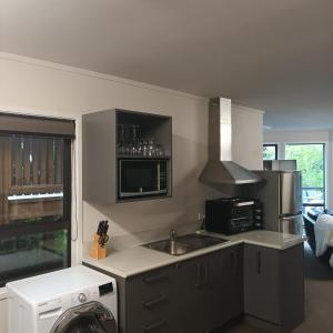 een kleine keuken met een wastafel en een magnetron bij Tiwai Waka Retreat in Wellington