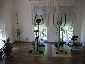 a room filled with lots of exercise equipment on a wooden floor at Gästehaus Zieserl in Deutsch Kaltenbrunn