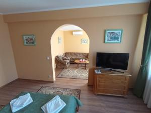 uma sala de estar com uma televisão e um sofá em Pensiunea Cristina em Târgu-Mureş
