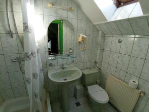 a bathroom with a sink and a toilet and a mirror at Pensiunea Cristina in Târgu-Mureş