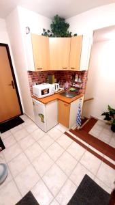 a small kitchen with a sink and a microwave at Pension Zita in Znojmo