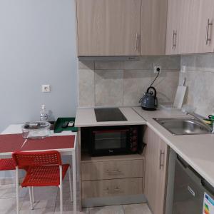 uma pequena cozinha com um lavatório e um micro-ondas em Yolanda Studios em Pireu