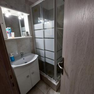 uma casa de banho com um chuveiro e um lavatório. em Yolanda Studios em Pireu