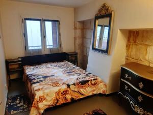 Schlafzimmer mit einem Bett, einer Kommode und einem Spiegel in der Unterkunft Appartement de 3 chambres avec wifi a Beaucaire in Beaucaire