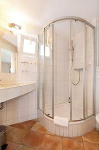 a bathroom with a shower and a toilet and a sink at Landgasthaus Ziegelscheune in Krippen