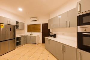 una cocina con electrodomésticos de acero inoxidable y armarios grises en Accra Fine Suites - Holi Flats Airport Residential en Accra