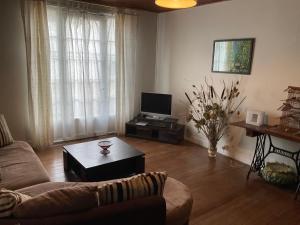 a living room with a couch and a tv at La Maison des cressonnières in Saint-Pardoux-du-Breuil