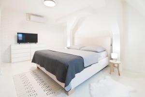 ein weißes Schlafzimmer mit einem Bett und einem Flachbild-TV in der Unterkunft U Zlaté hvězdy apartmán Broggio in Leitmeritz