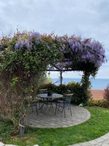 een tafel en stoelen onder een pergola met paarse bloemen bij Kvarner Vista Apartment Hana in Ičići