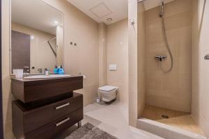 a bathroom with a shower and a sink and a toilet at Fabulous Views Silver Mountain 3 Rooms Apartment in Poiana Brasov