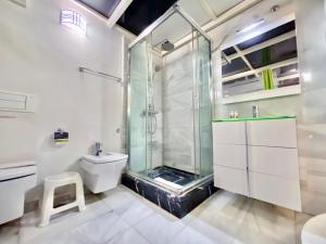 een badkamer met een douche, een toilet en een wastafel bij Charming Madrid Río II in Madrid