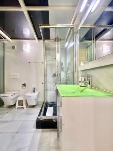 Charming Madrid Río II في مدريد: حمام مع حوض أخضر ومرحاض